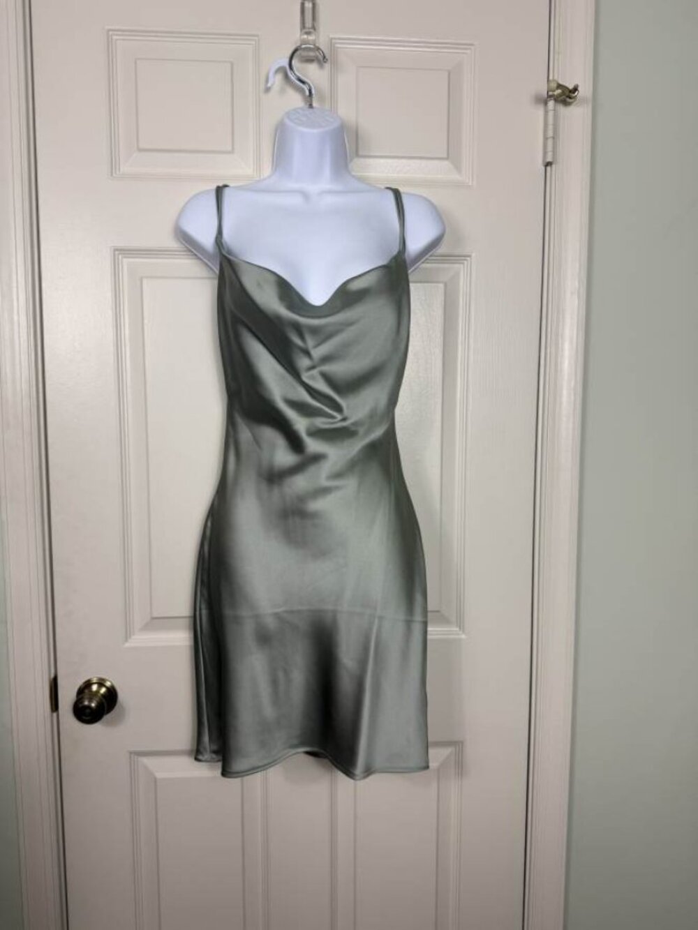 GBG Adelia Sage Satin Cowl Strappy Slip Dress XS NWT
